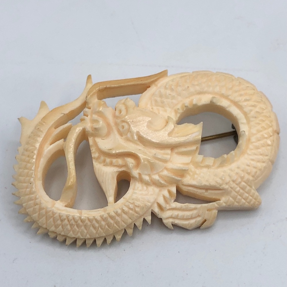 Antique estate carved dragon serpent brooch pin